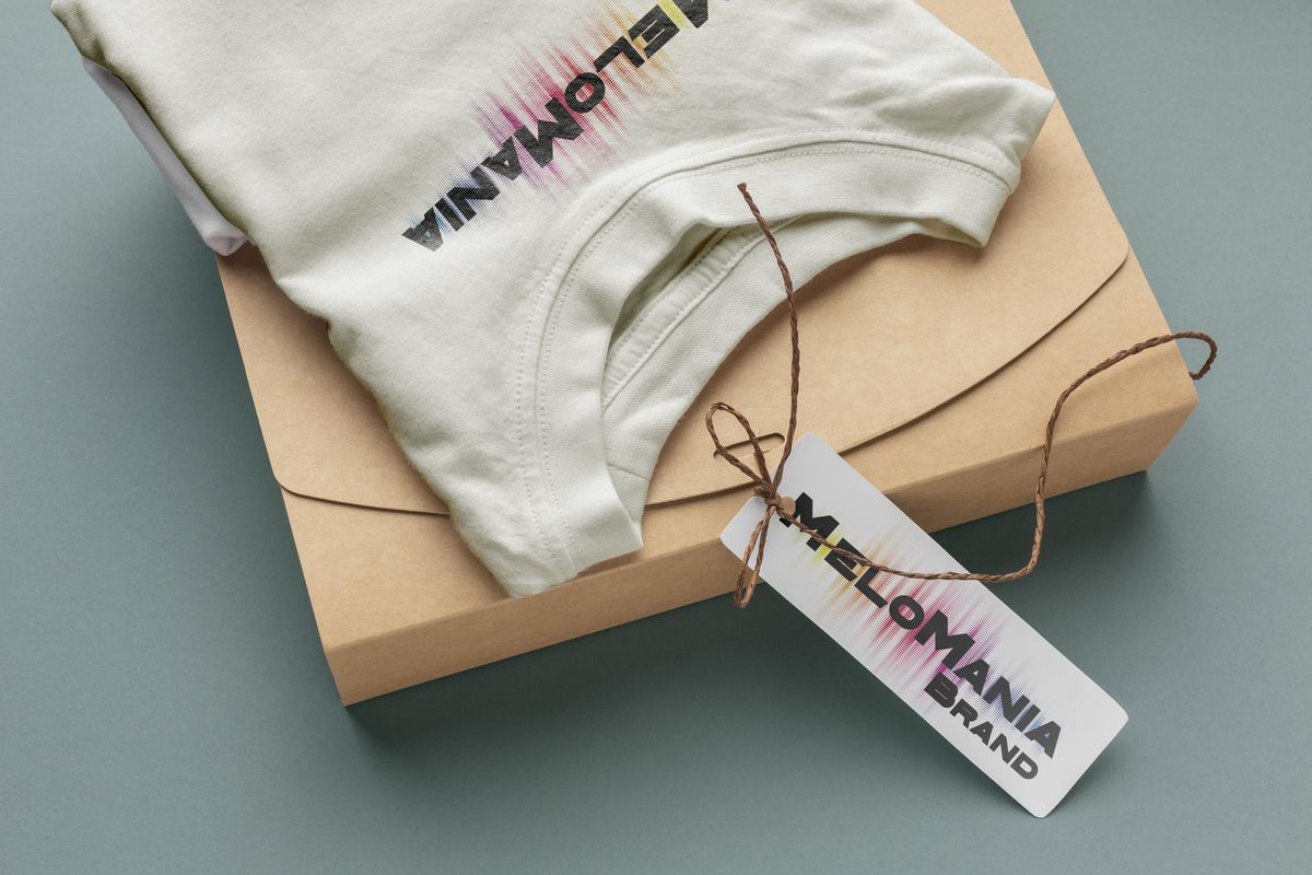T-shirt avorio piegata su una scatola con il cartellino Melomania